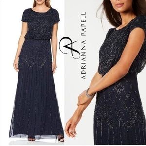 Navy Blue Floral Beaded Adrianna Papell gown